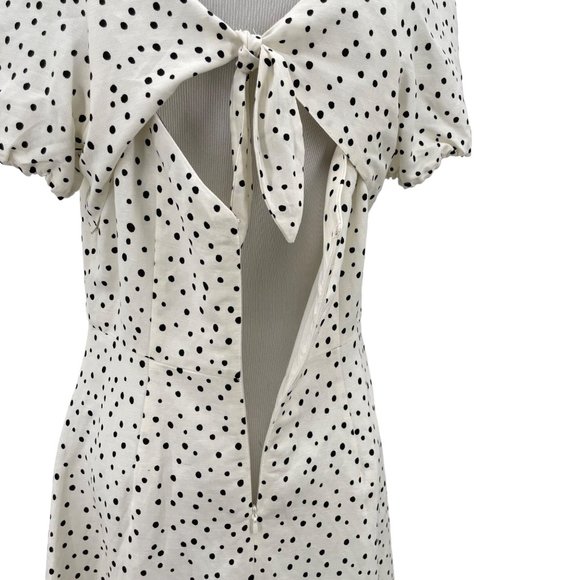 LOFT Size 8P Black Polka Dot Linen Blend Flounce Dress Square Neck Puff Sleeve - Picture 7 of 10